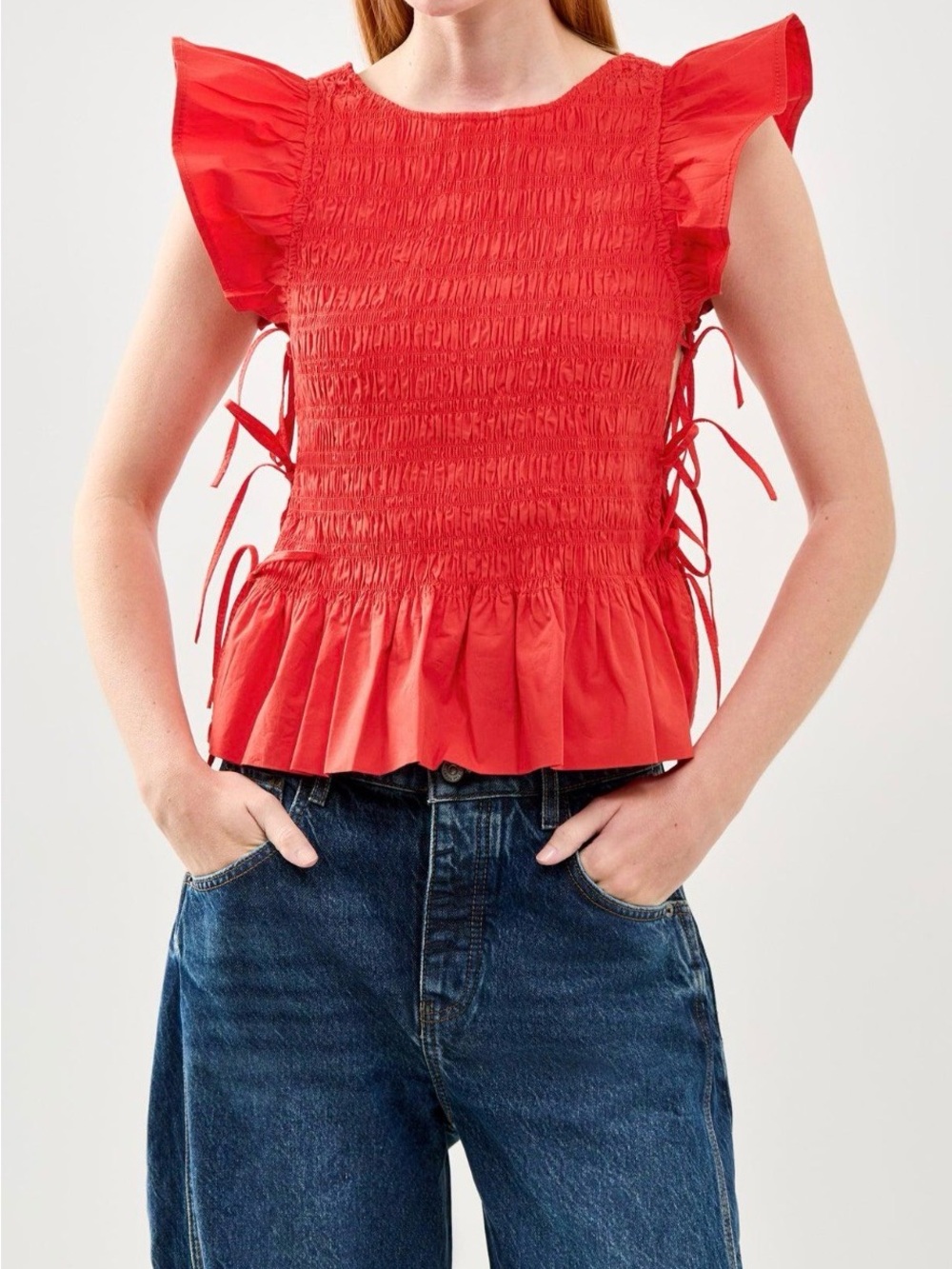 Ganni Red Smocked Ruffle Sleeve Top with Side Ties size 34 (S)